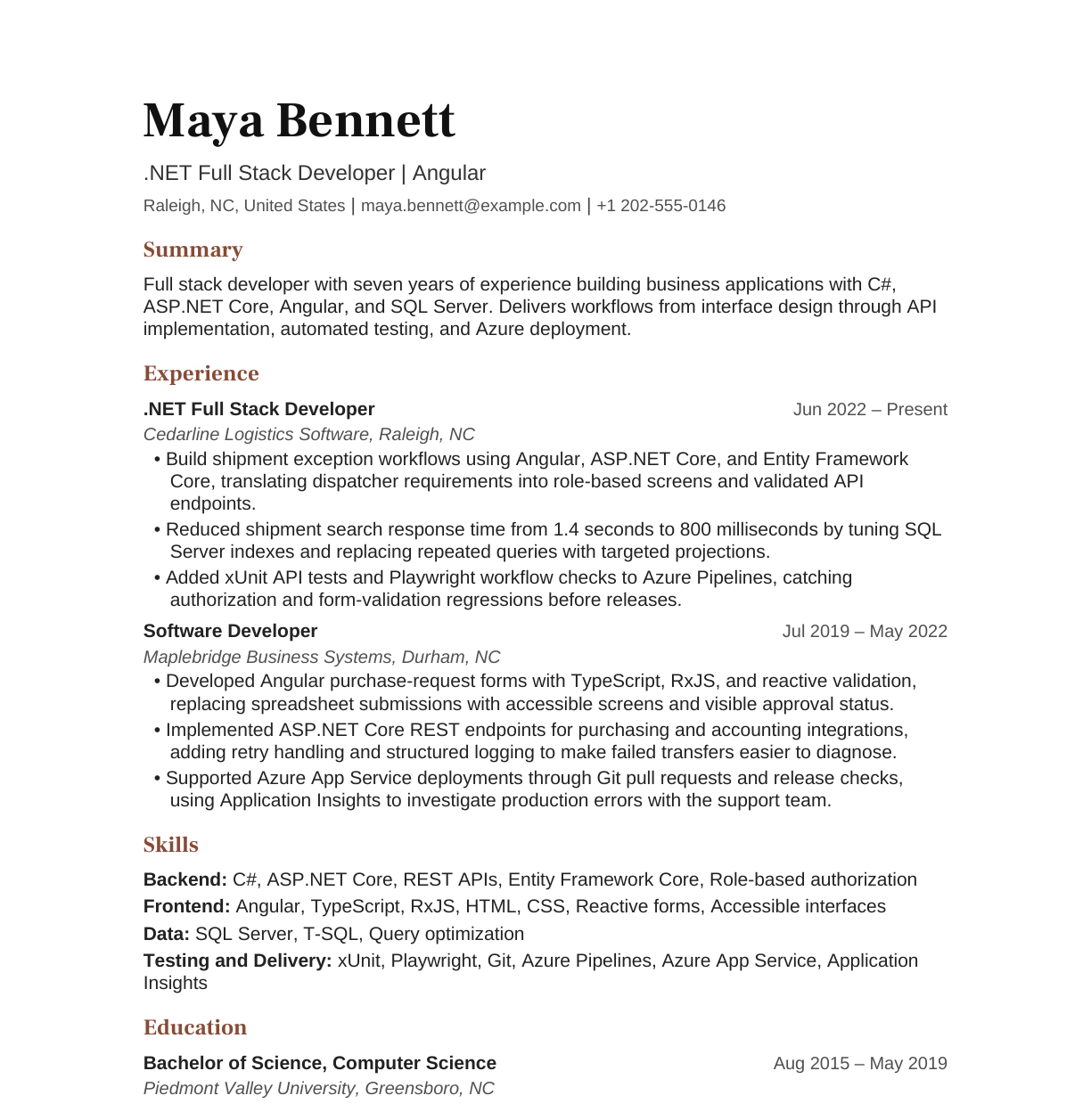 .NET Full Stack Developer with Angular resume example