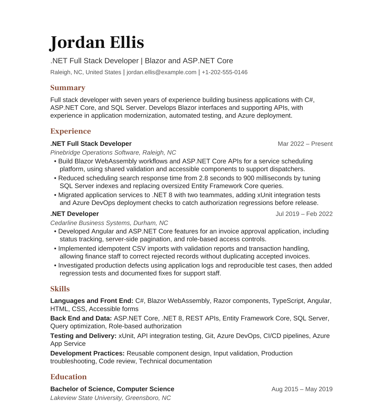 .NET Full Stack Developer with Blazor resume example