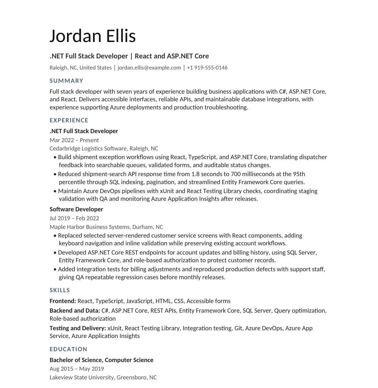 .NET Full Stack Developer with React resume example