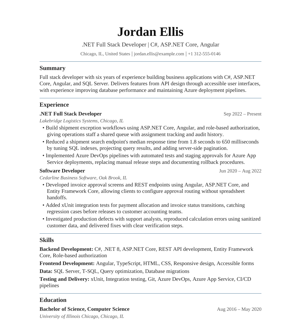 .NET Full Stack Developer resume example