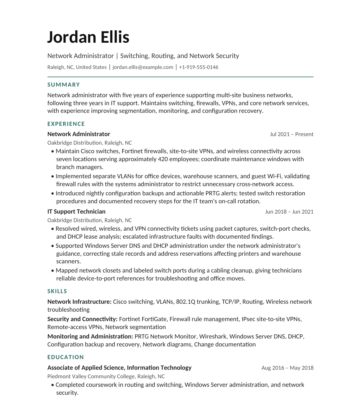 Network Administrator resume example