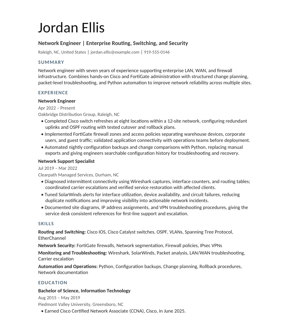 Network Engineer resume example