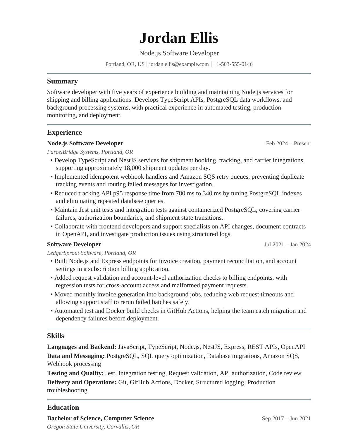 Node.js Software Developer resume example