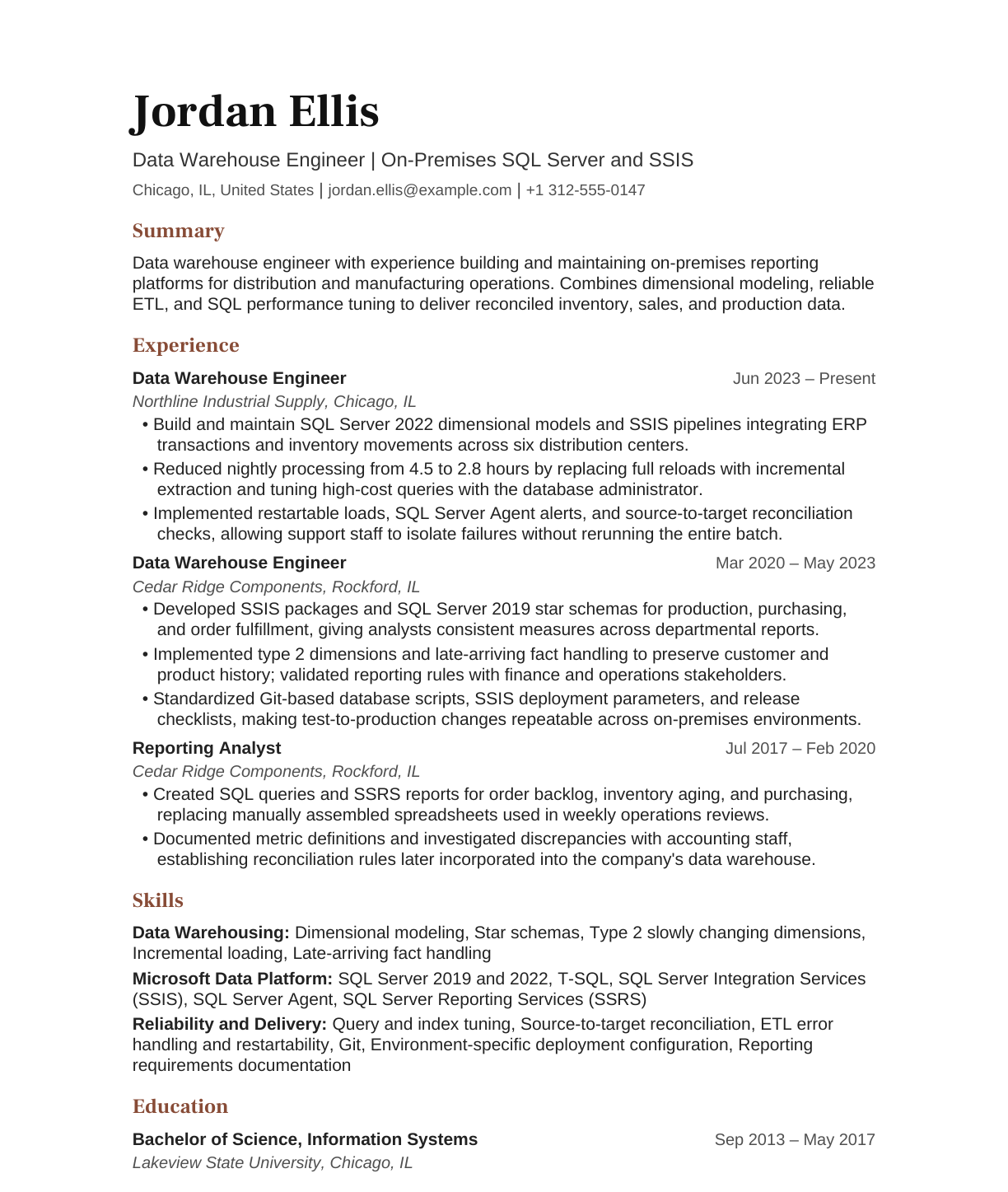 On-Premises Data Warehouse Engineer resume example