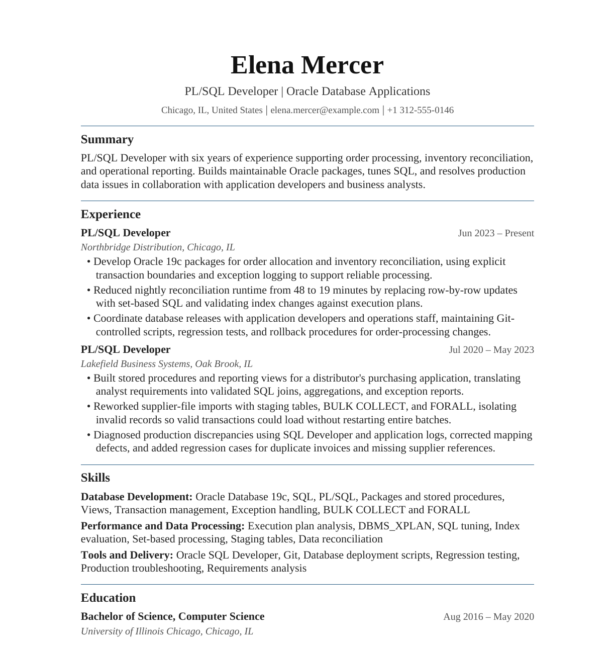 PL/SQL Developer resume example