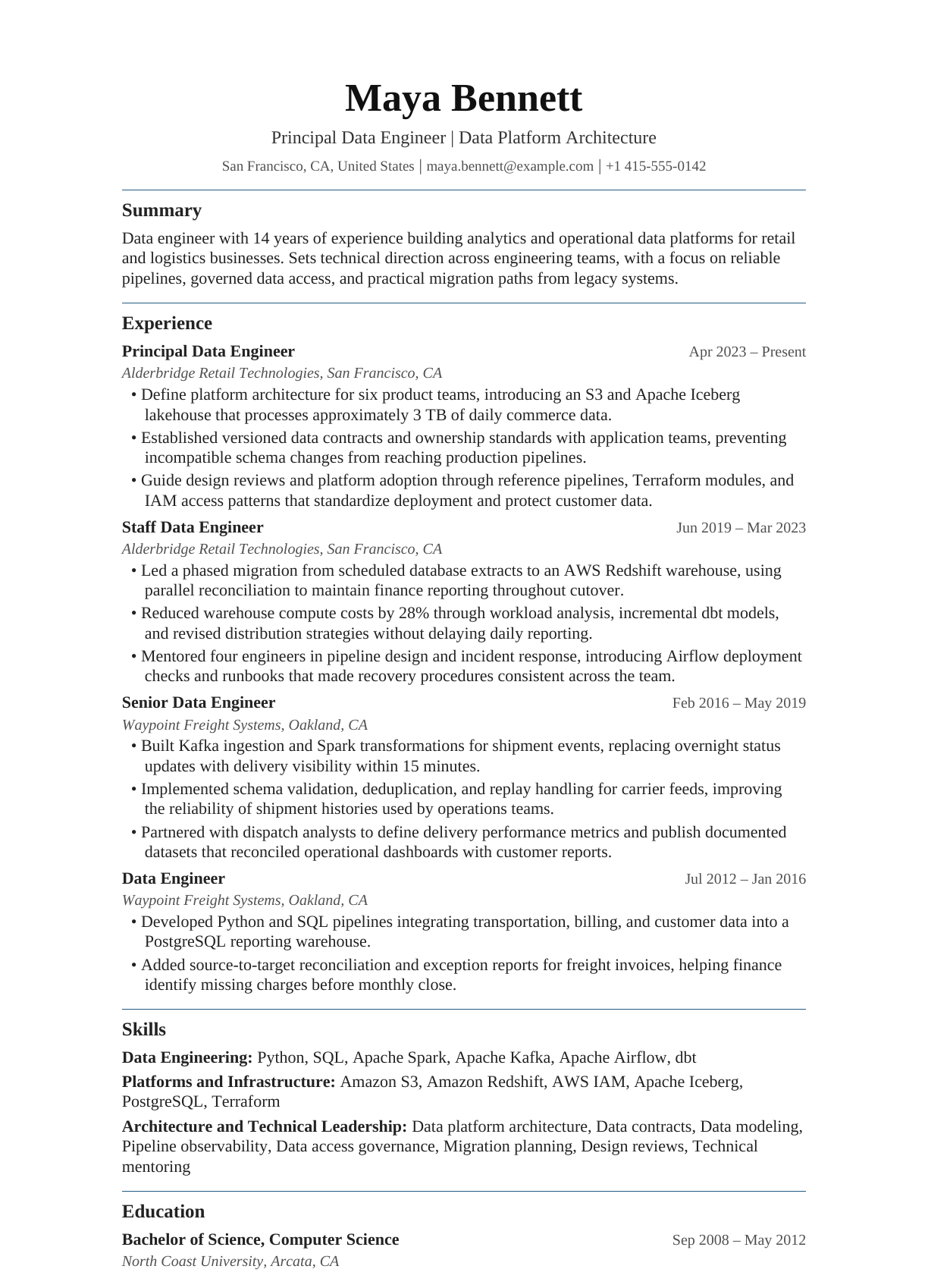 Principal Data Engineer resume example