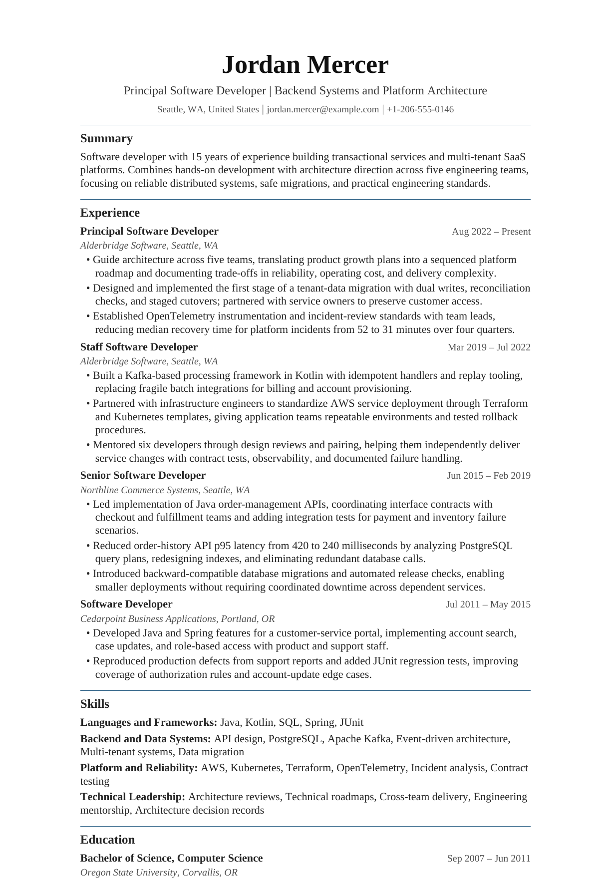 Principal Software Developer resume example