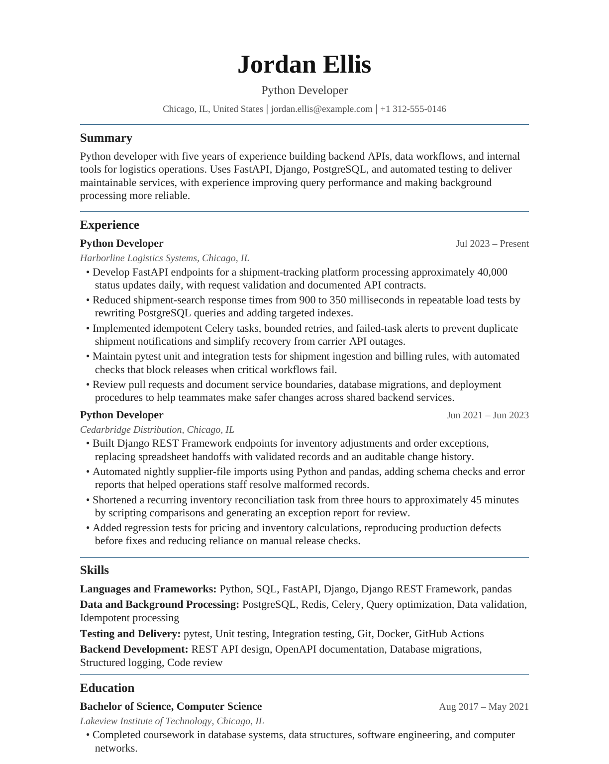 Python Developer resume example