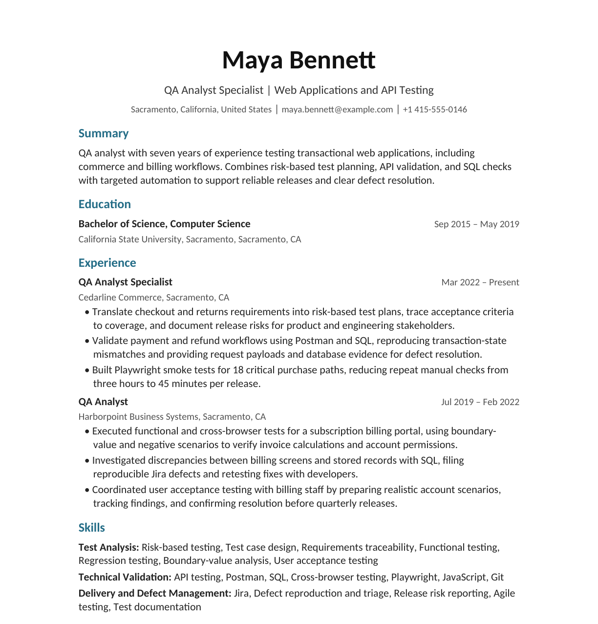 QA Analyst Specialist resume example