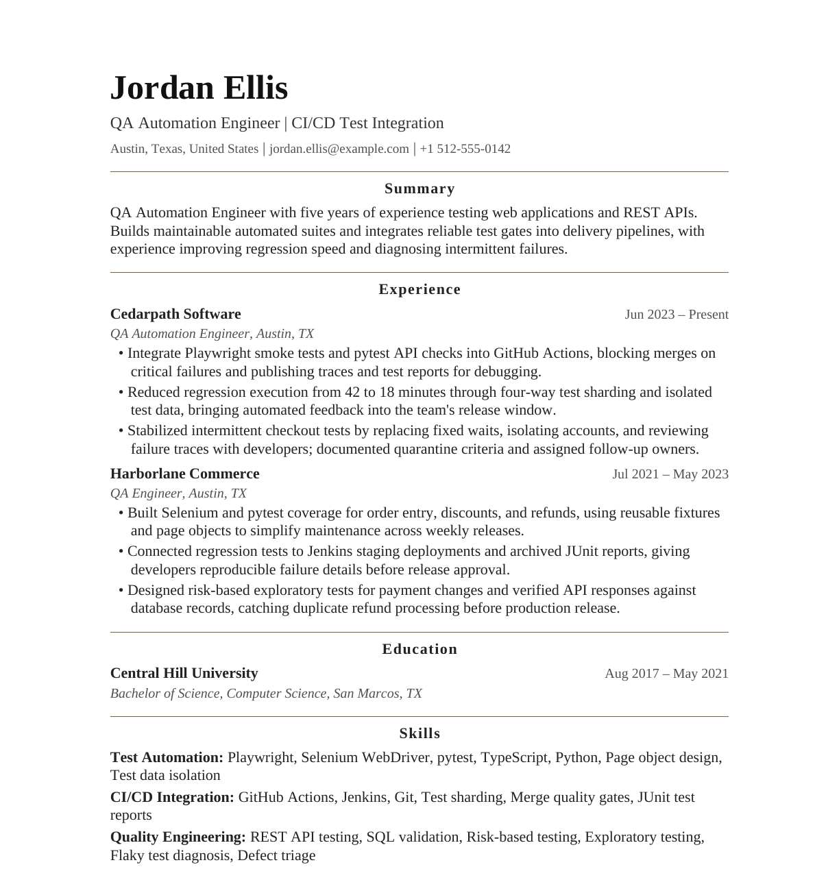 QA Automation Engineer — CI/CD Test Integration resume example