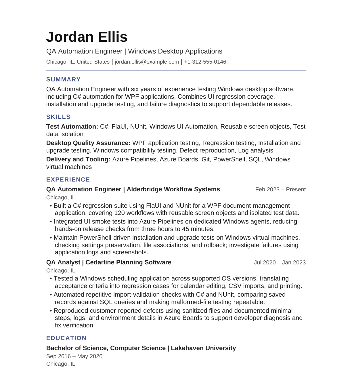 QA Automation Engineer — Desktop Applications resume example