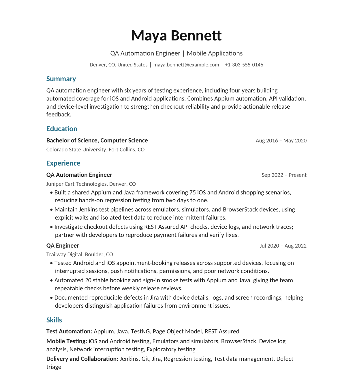 QA Automation Engineer — Mobile Applications resume example