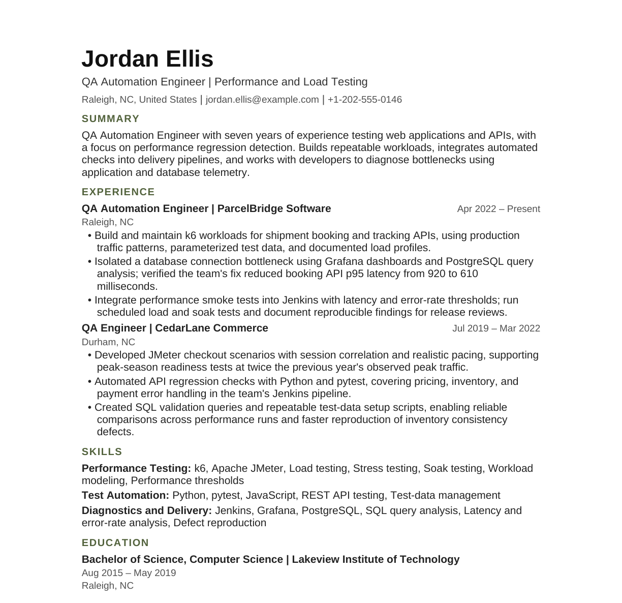 QA Automation Engineer — Performance and Load Testing resume example