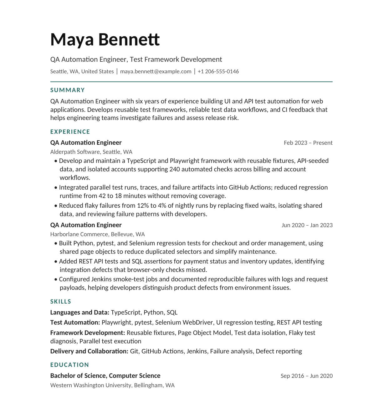 QA Automation Engineer — Test Framework Development resume example