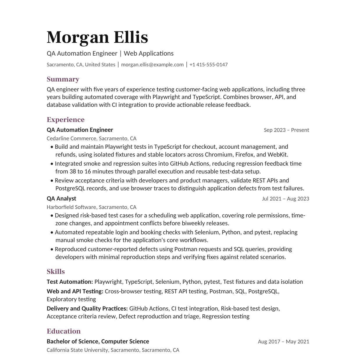 QA Automation Engineer — Web Applications resume example