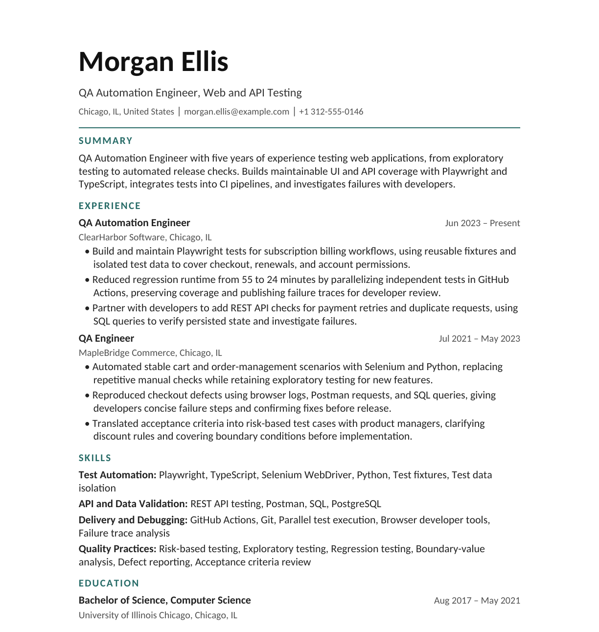 QA Automation Engineer resume example