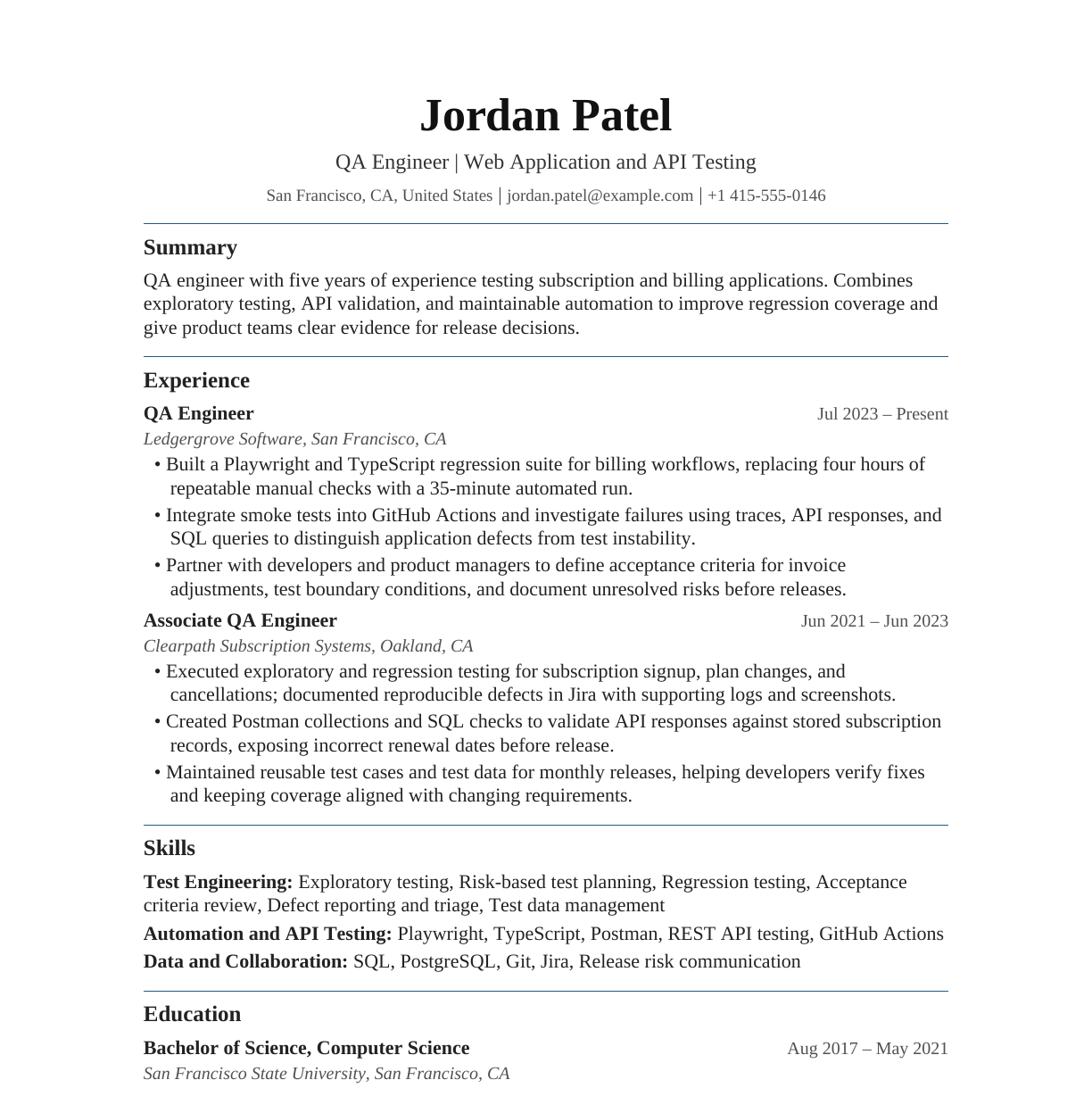 QA Engineer resume example