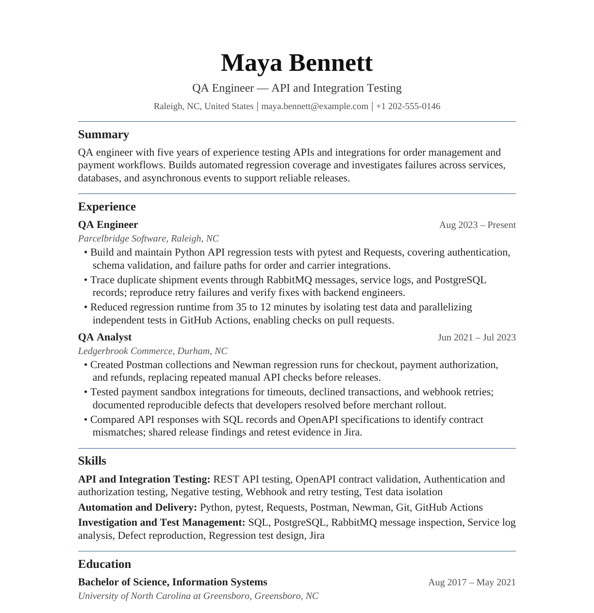 QA Engineer — API and Integration Testing resume example