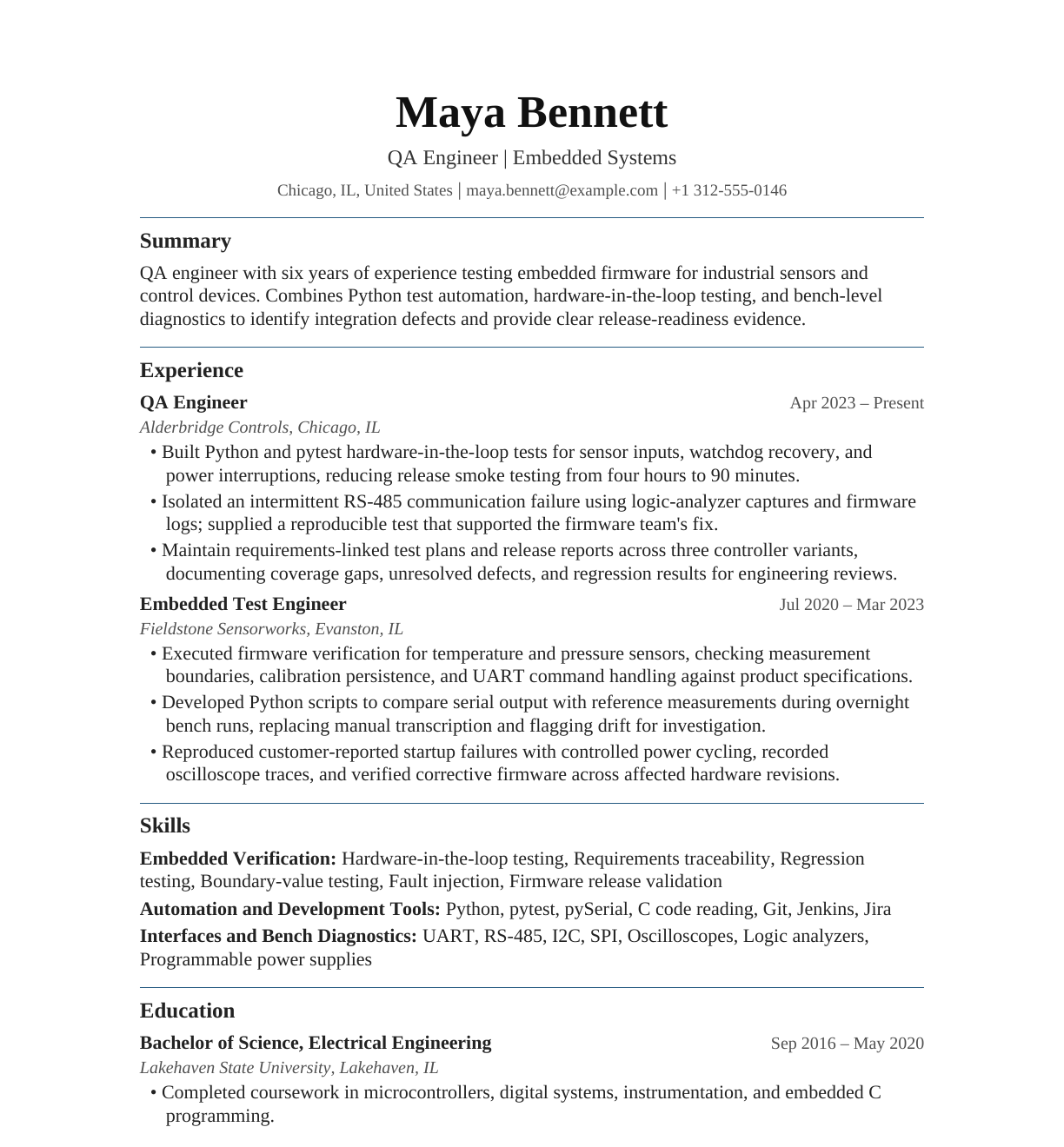 QA Engineer — Embedded Systems resume example