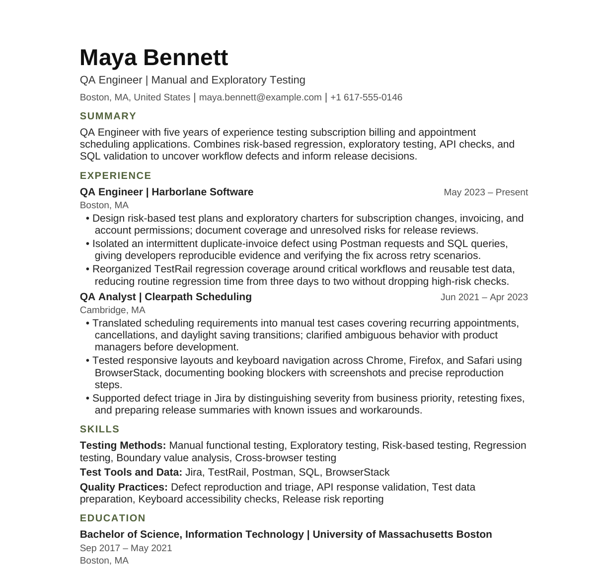 QA Engineer — Manual and Exploratory Testing resume example