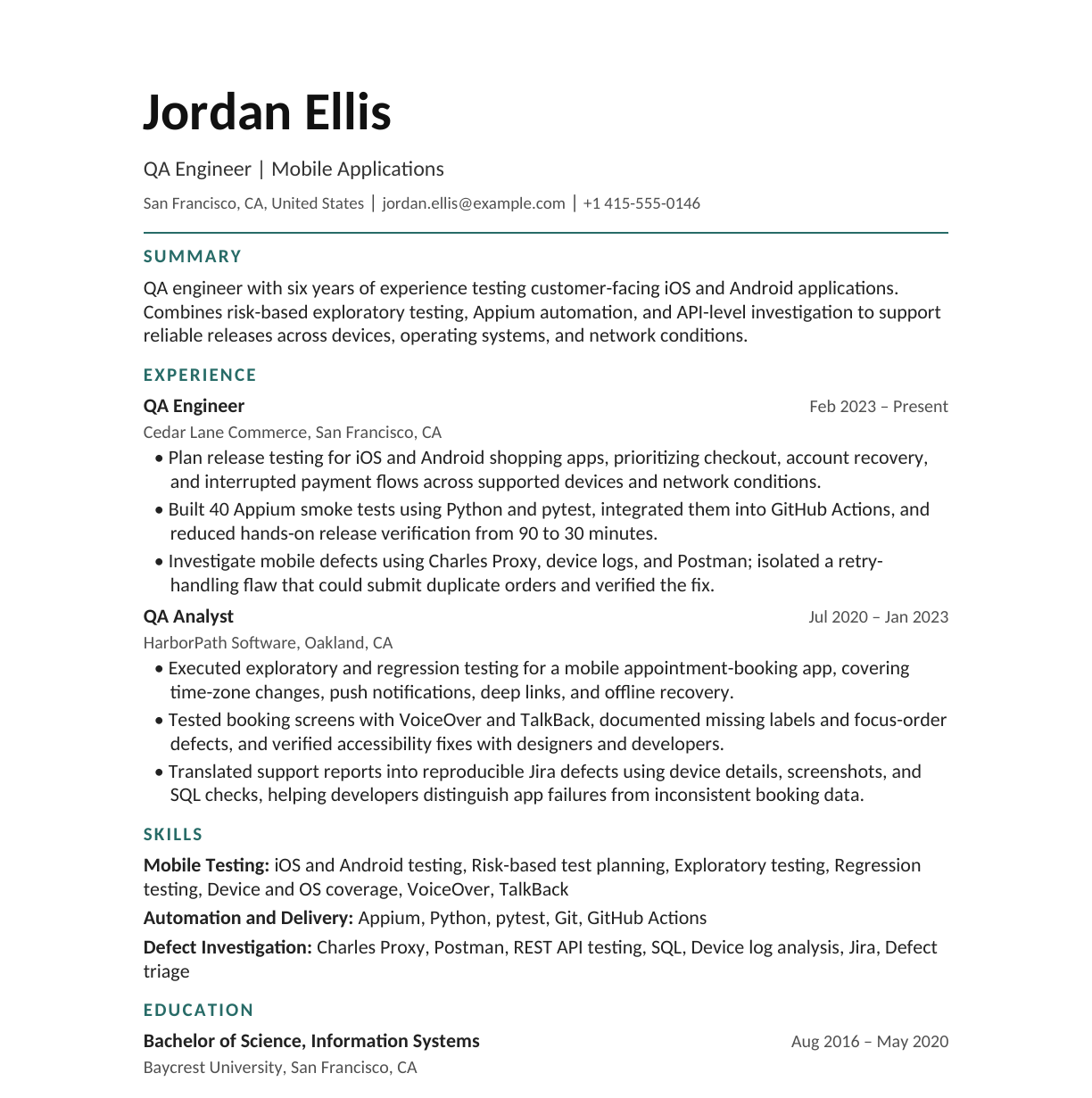 QA Engineer — Mobile Applications resume example