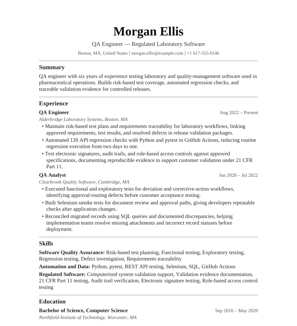 QA Engineer — Regulated Software resume example