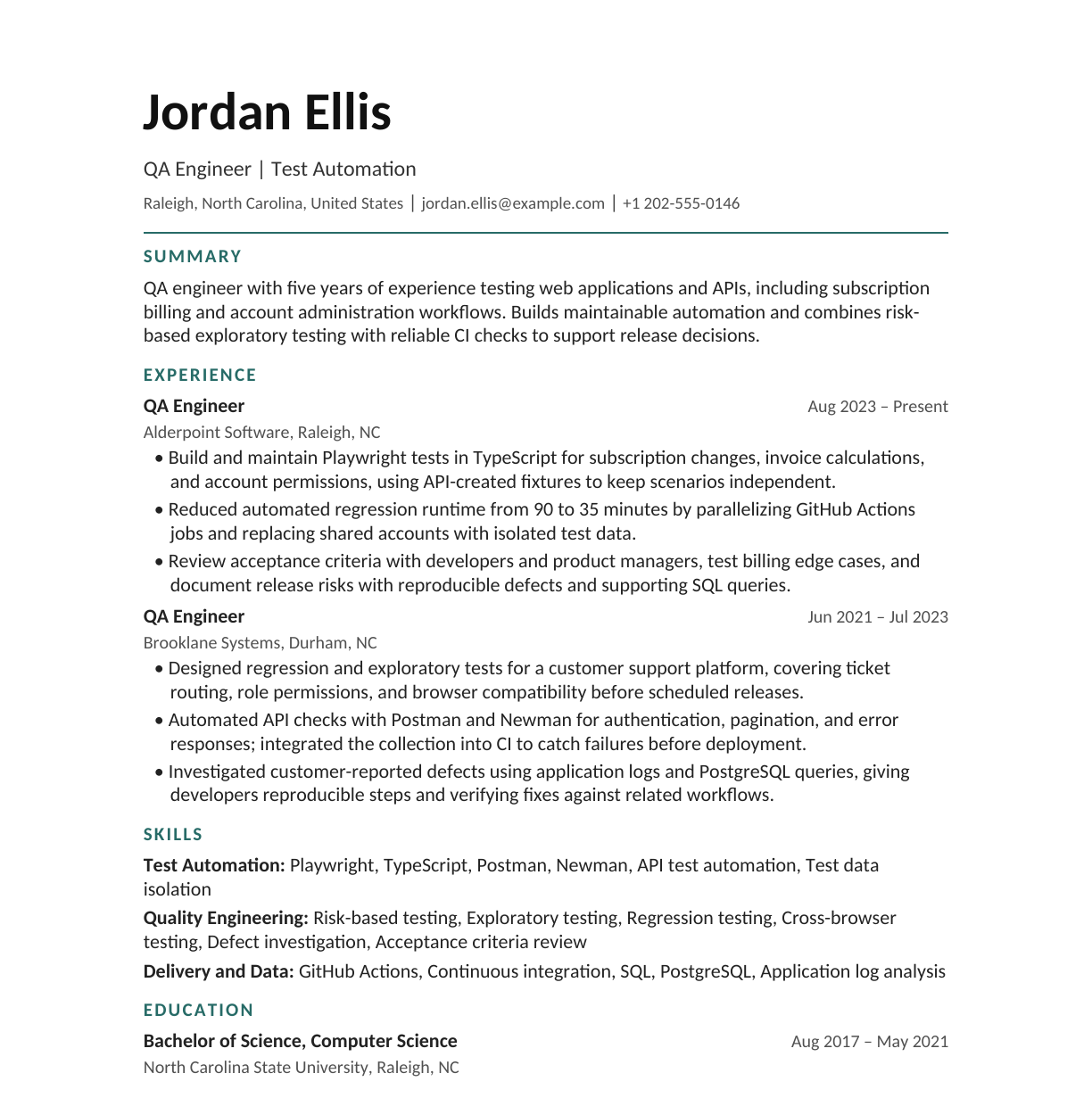 QA Engineer — Test Automation resume example