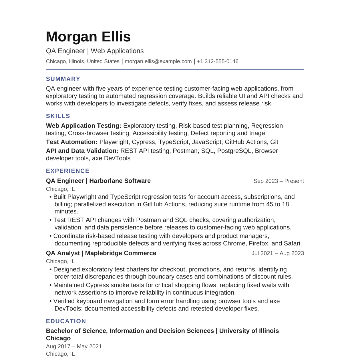 QA Engineer — Web Applications resume example