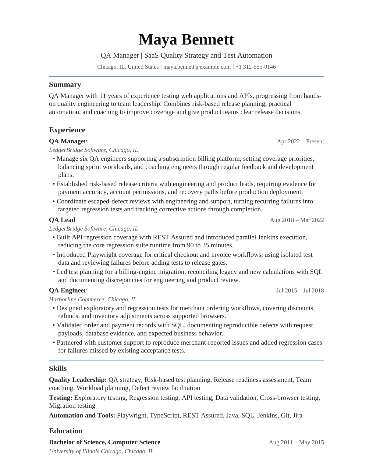 QA Manager resume example