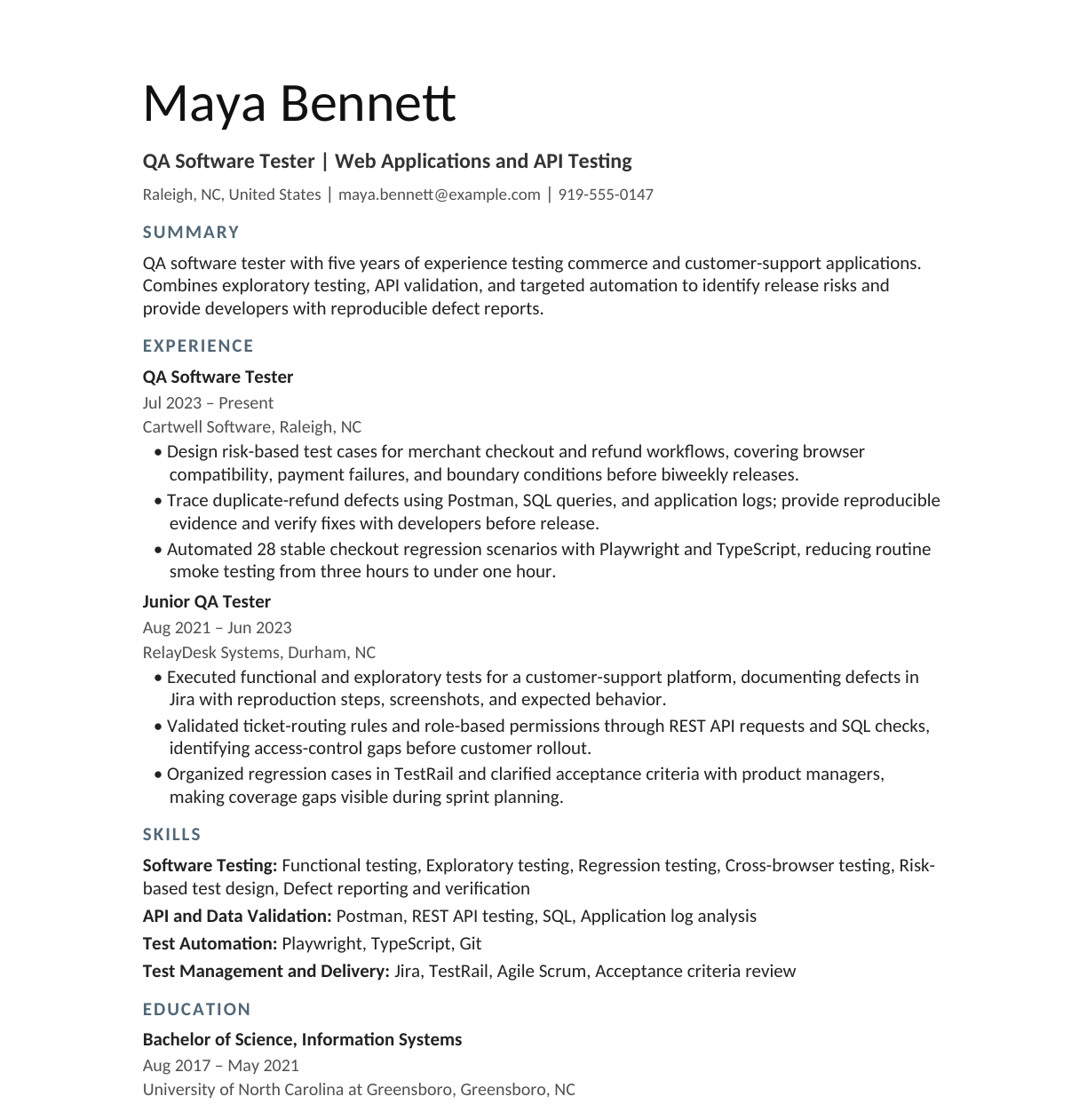 QA Software Tester resume example