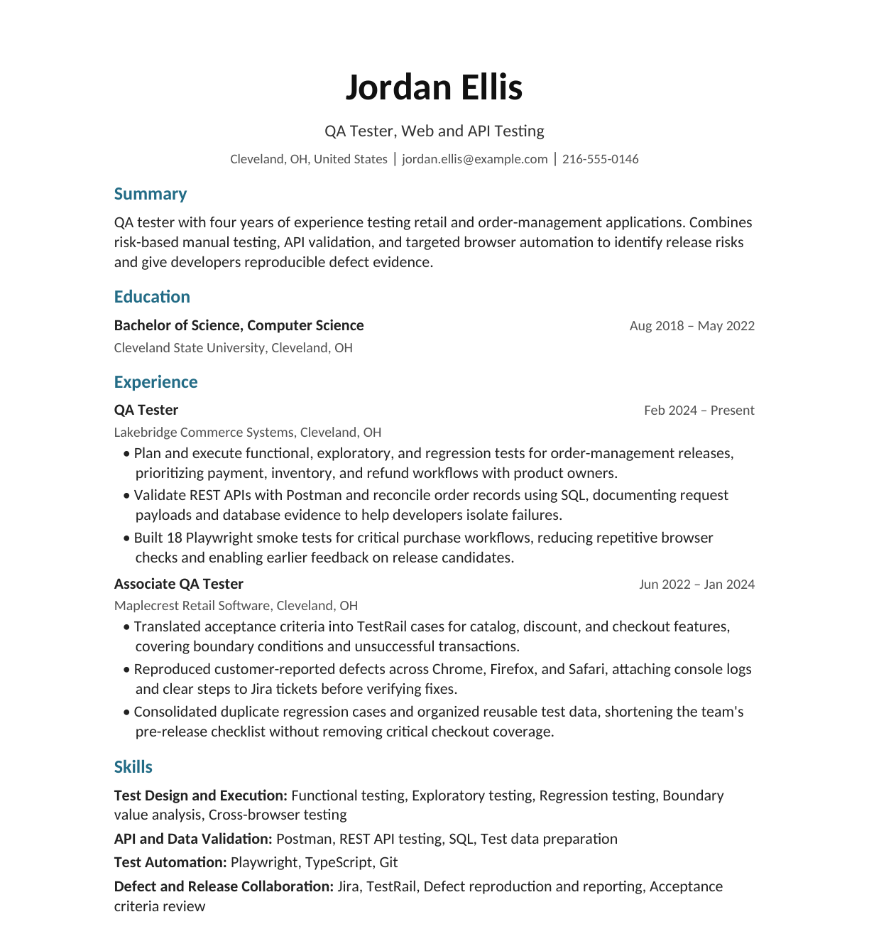 QA Tester resume example