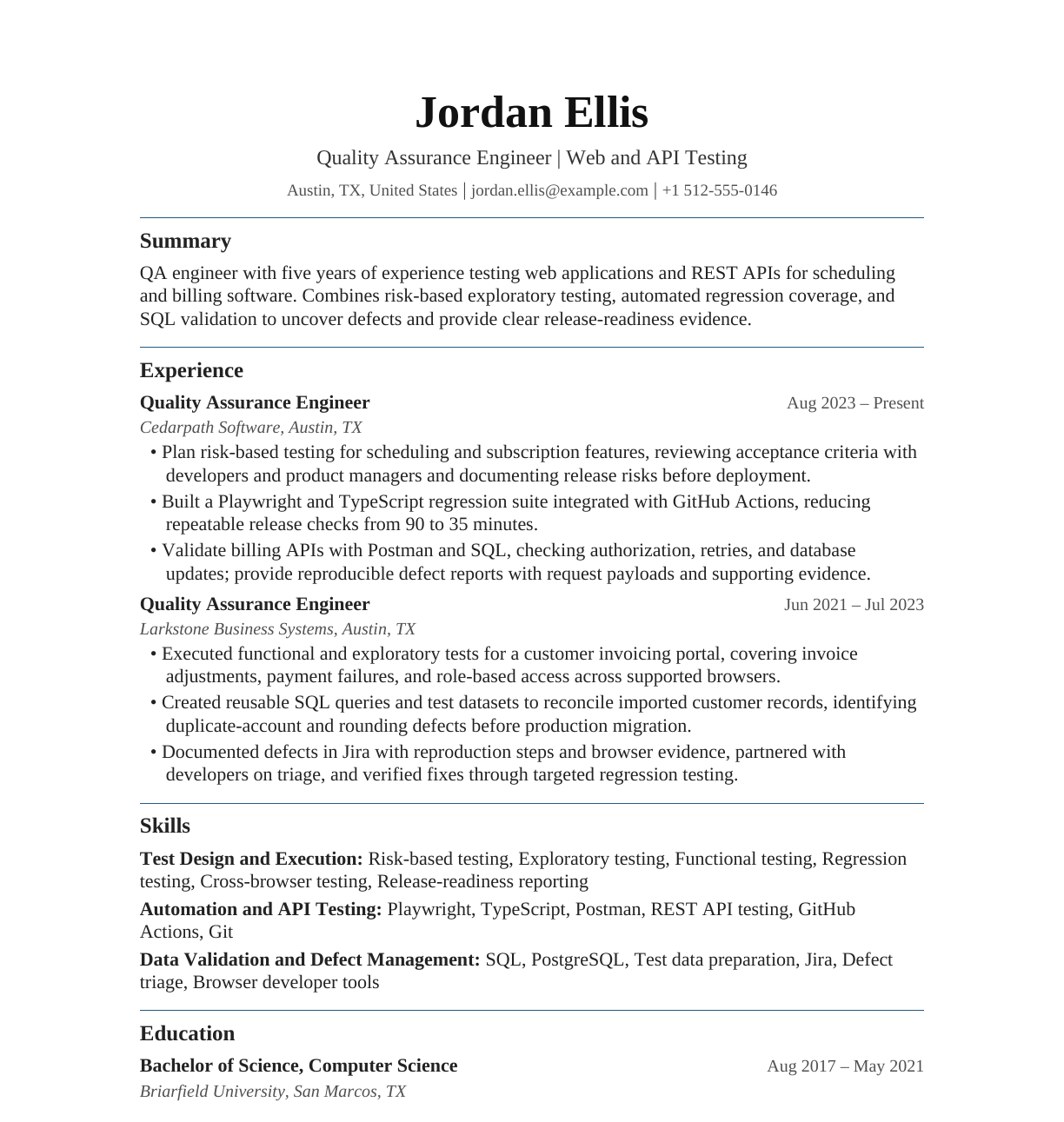Quality Assurance (QA) Engineer resume example