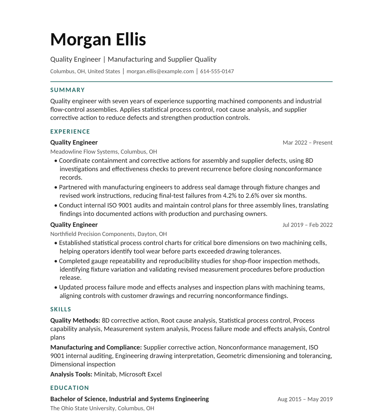 Quality Engineer resume example
