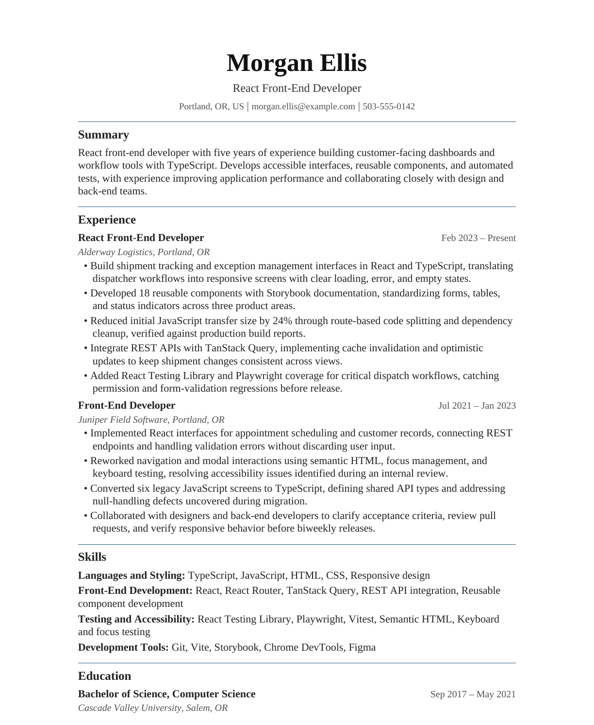 React Front-End Developer resume example