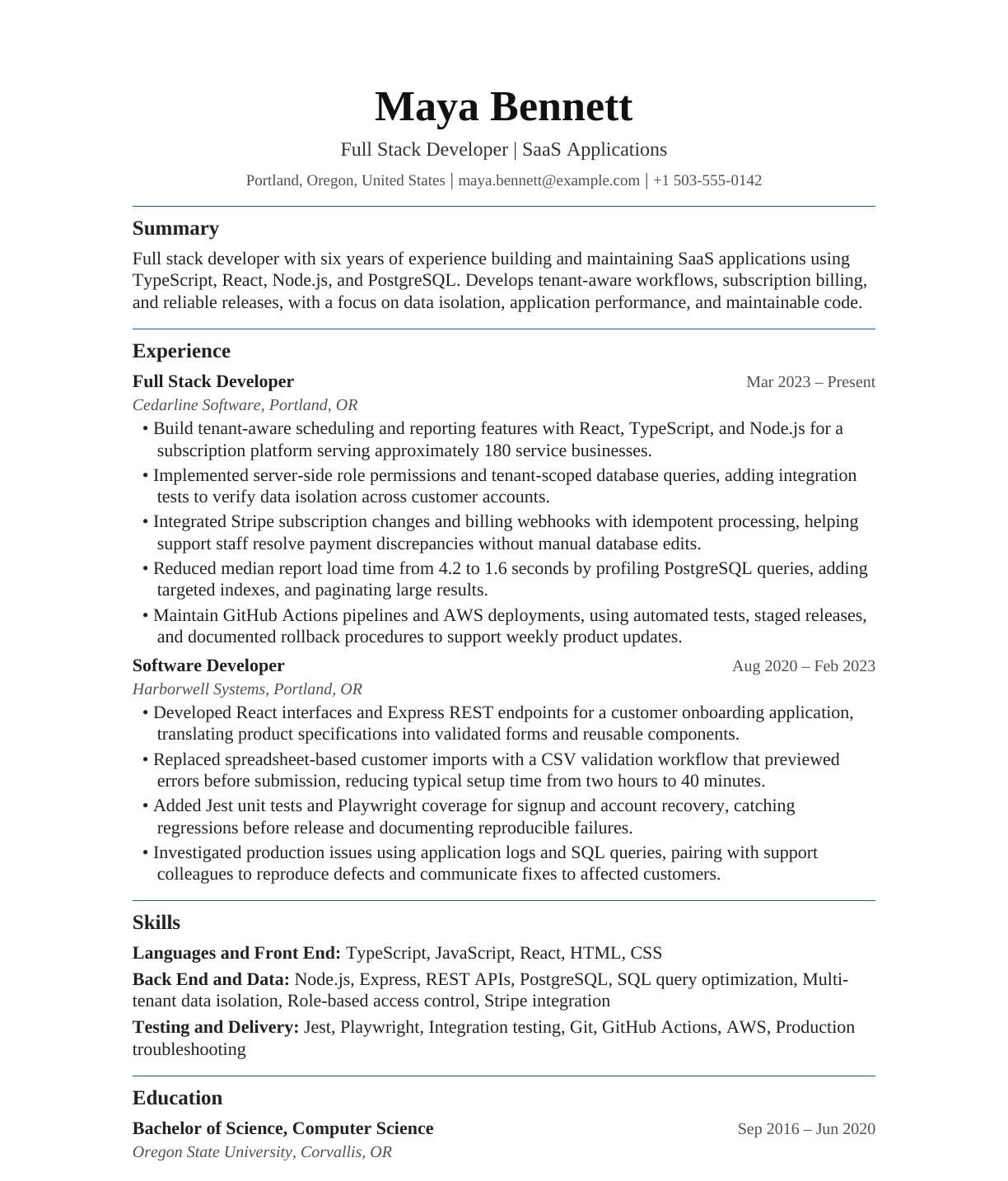 SaaS Full Stack Developer resume example