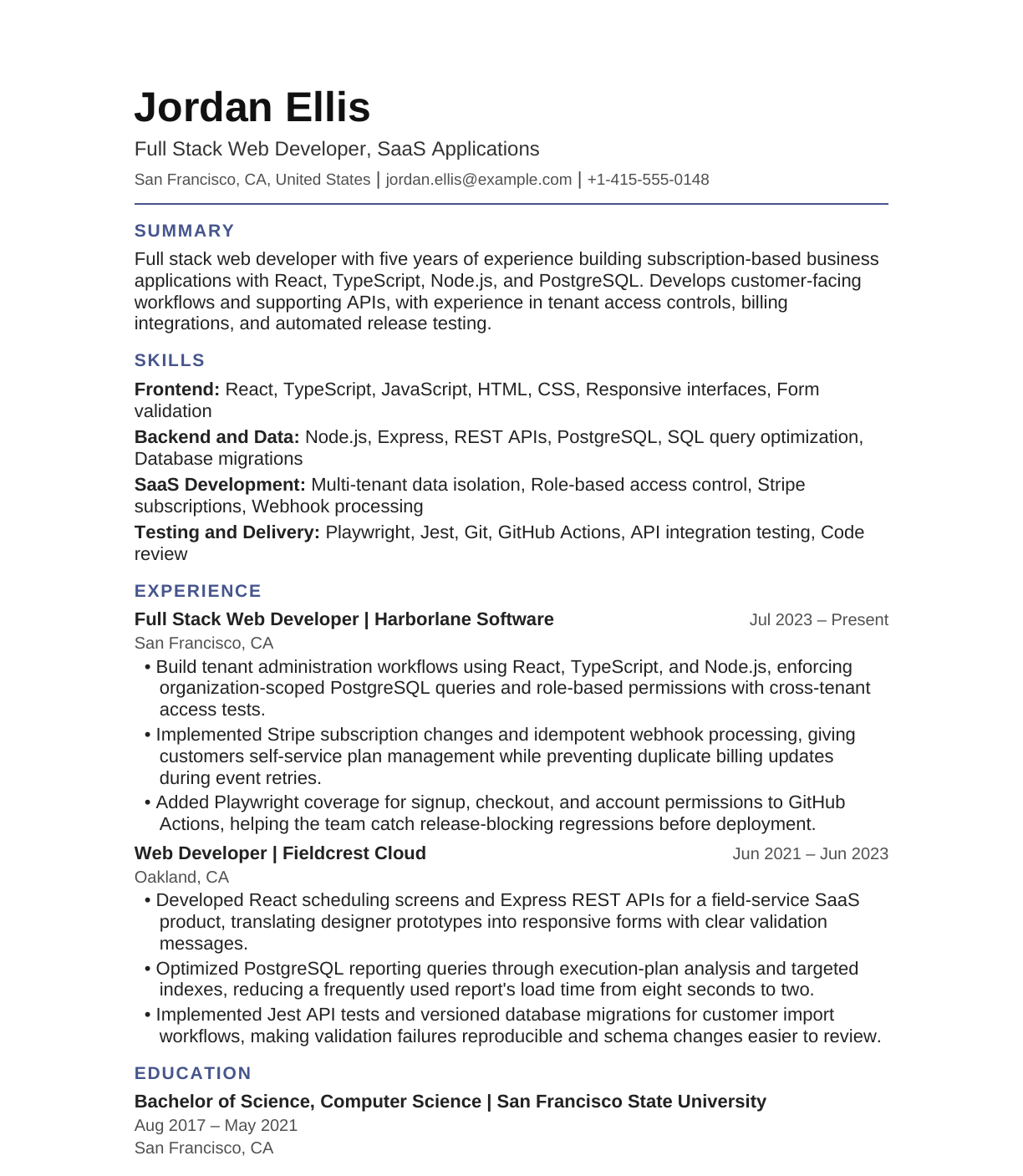 SaaS Full Stack Web Developer resume example