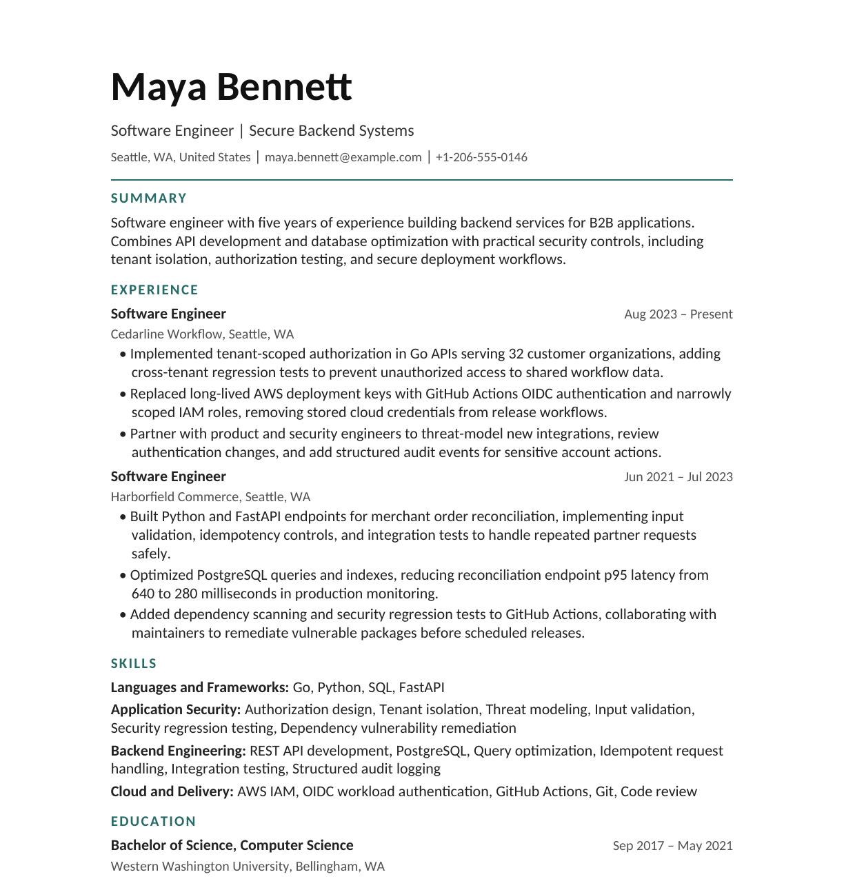 Security-Focused Software Engineer resume example