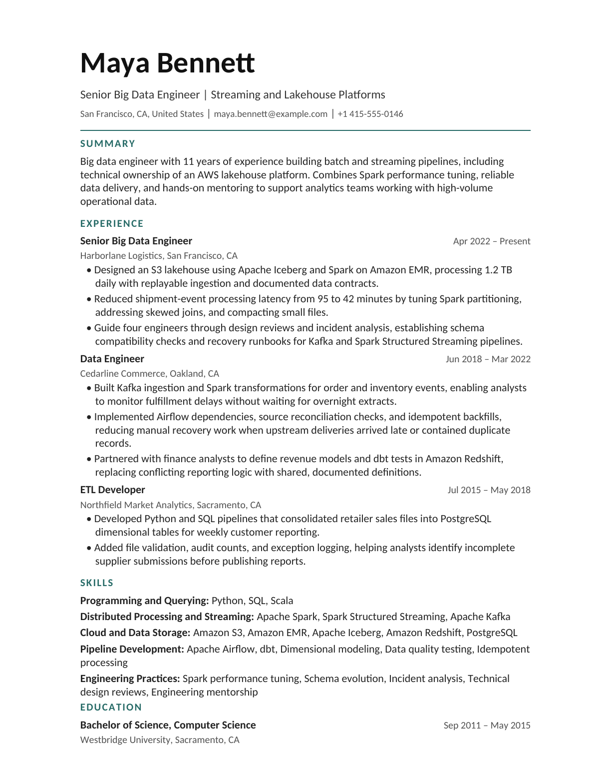 Senior Big Data Engineer resume example