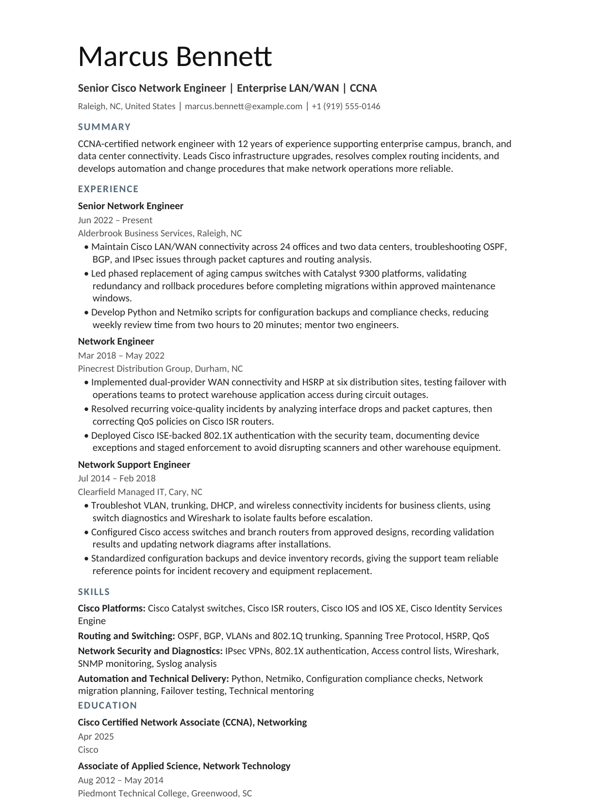 Senior Cisco Network Engineer (CCNA) resume example