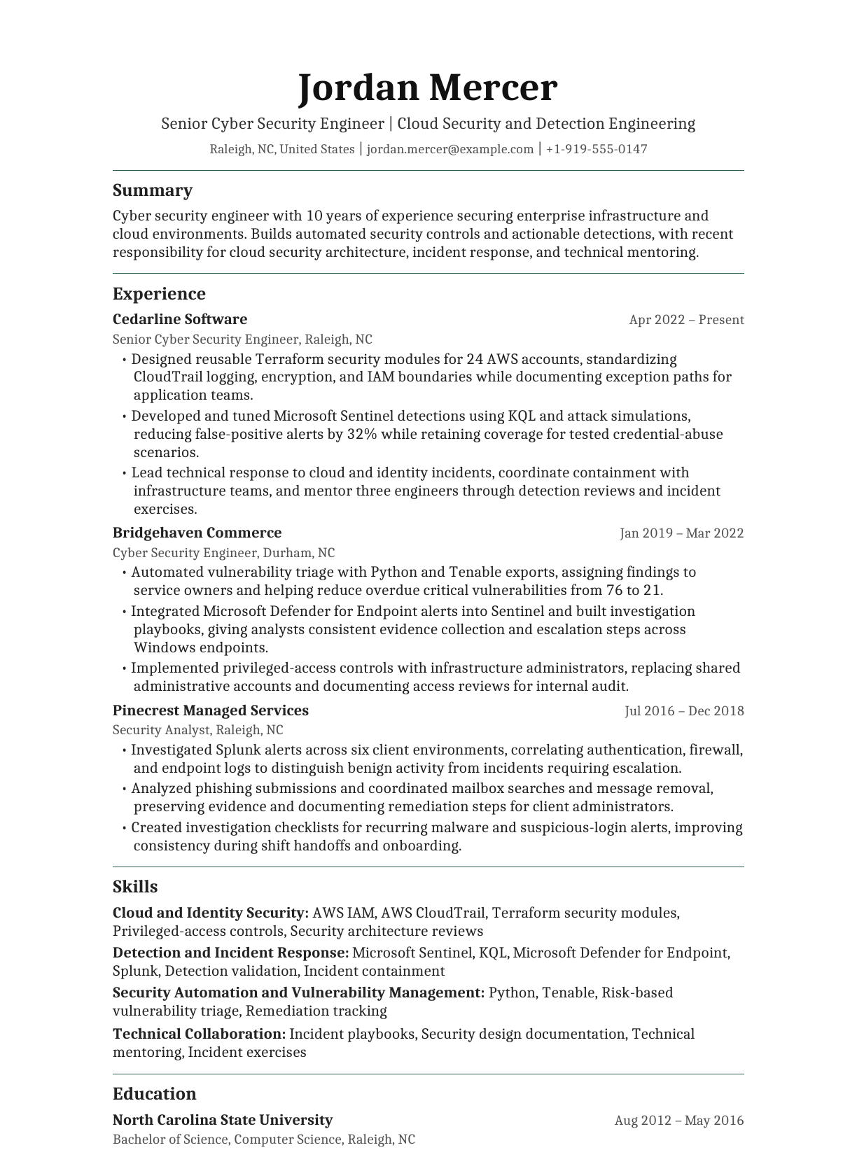 Senior Cyber Security Engineer resume example