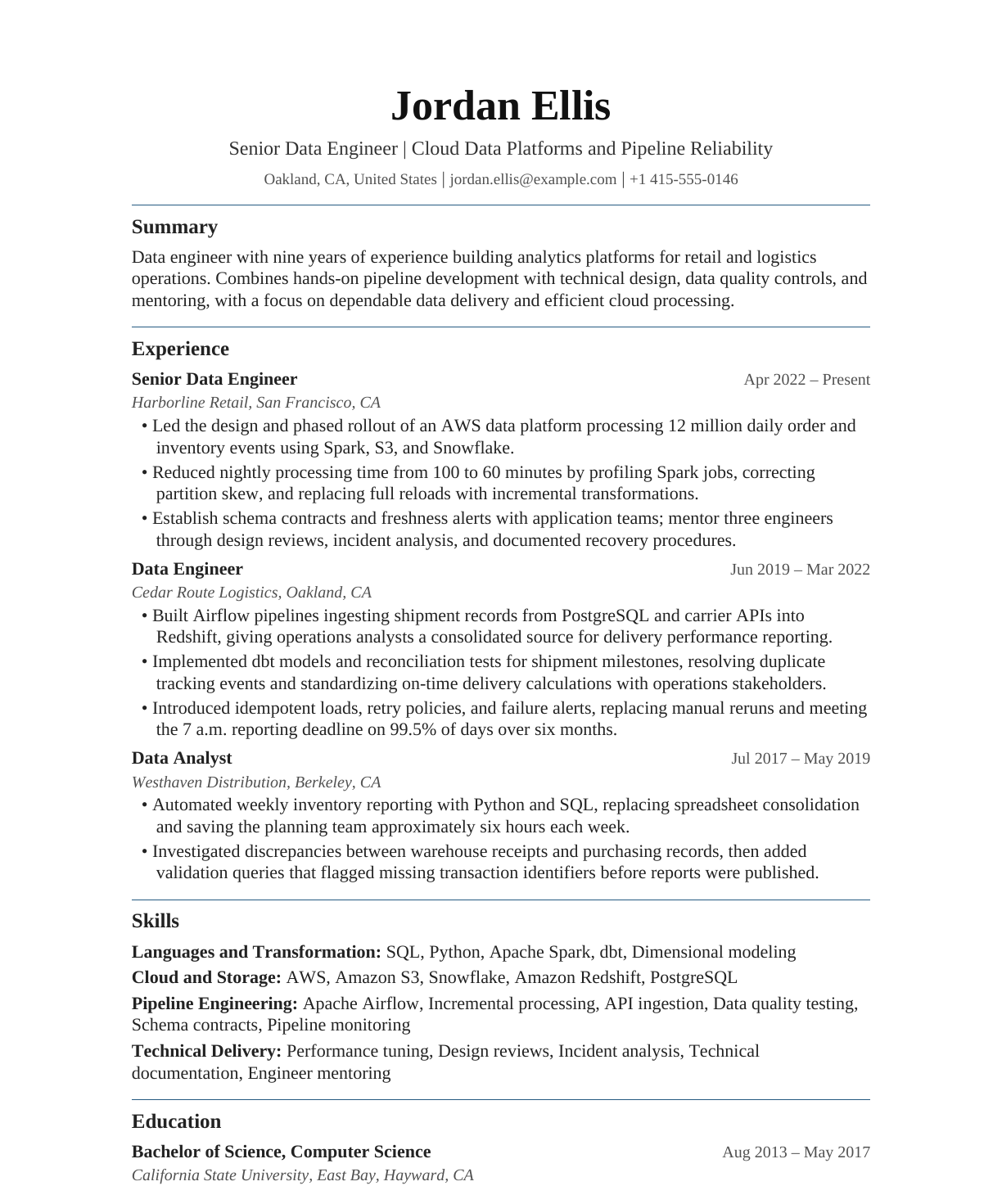 Senior Data Engineer resume example