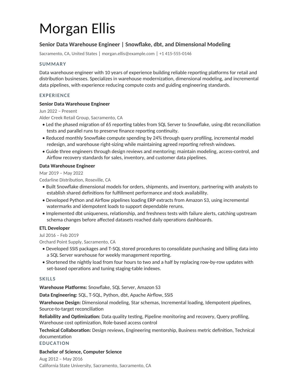 Senior Data Warehouse Engineer resume example