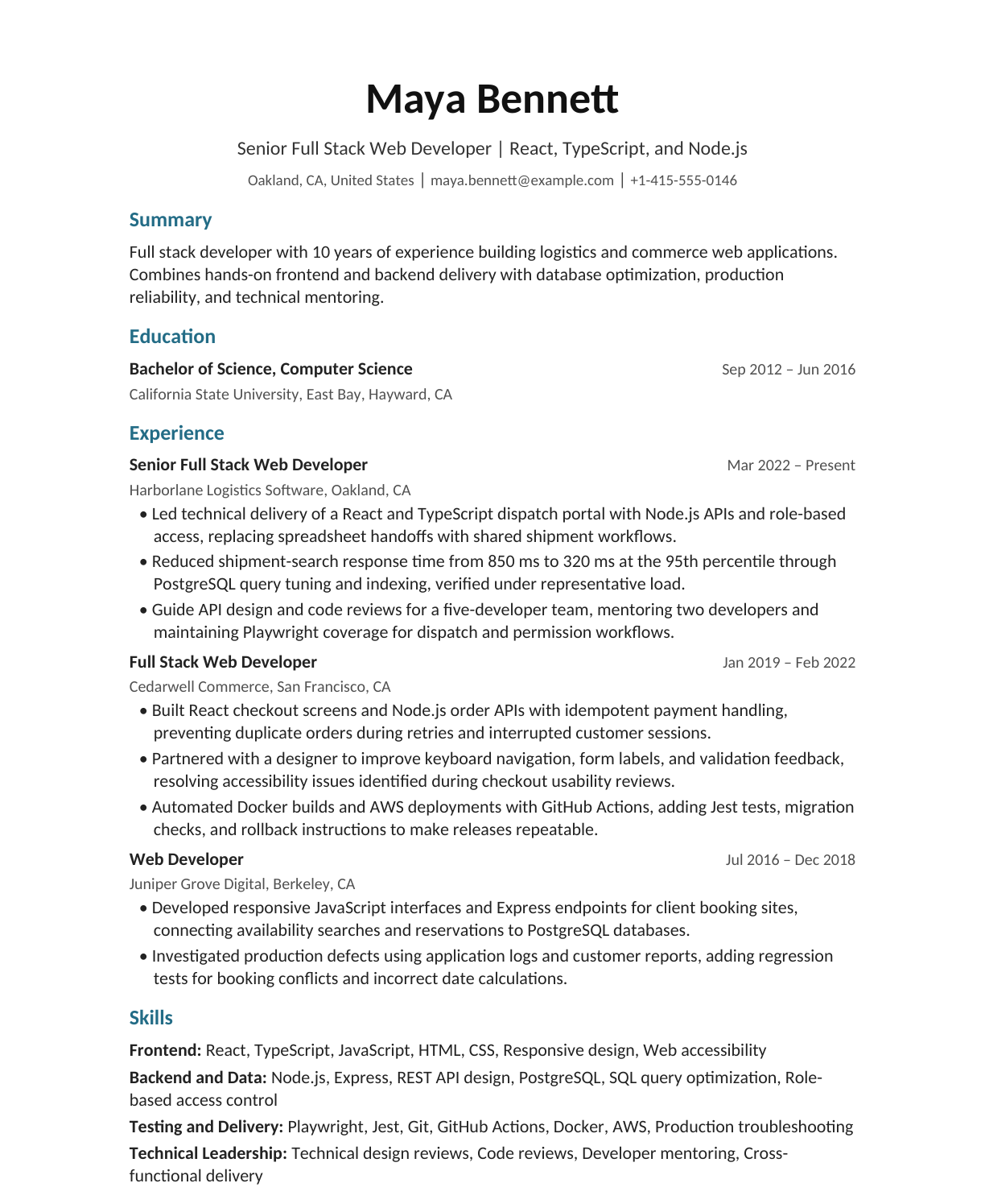 Senior Full Stack Web Developer resume example