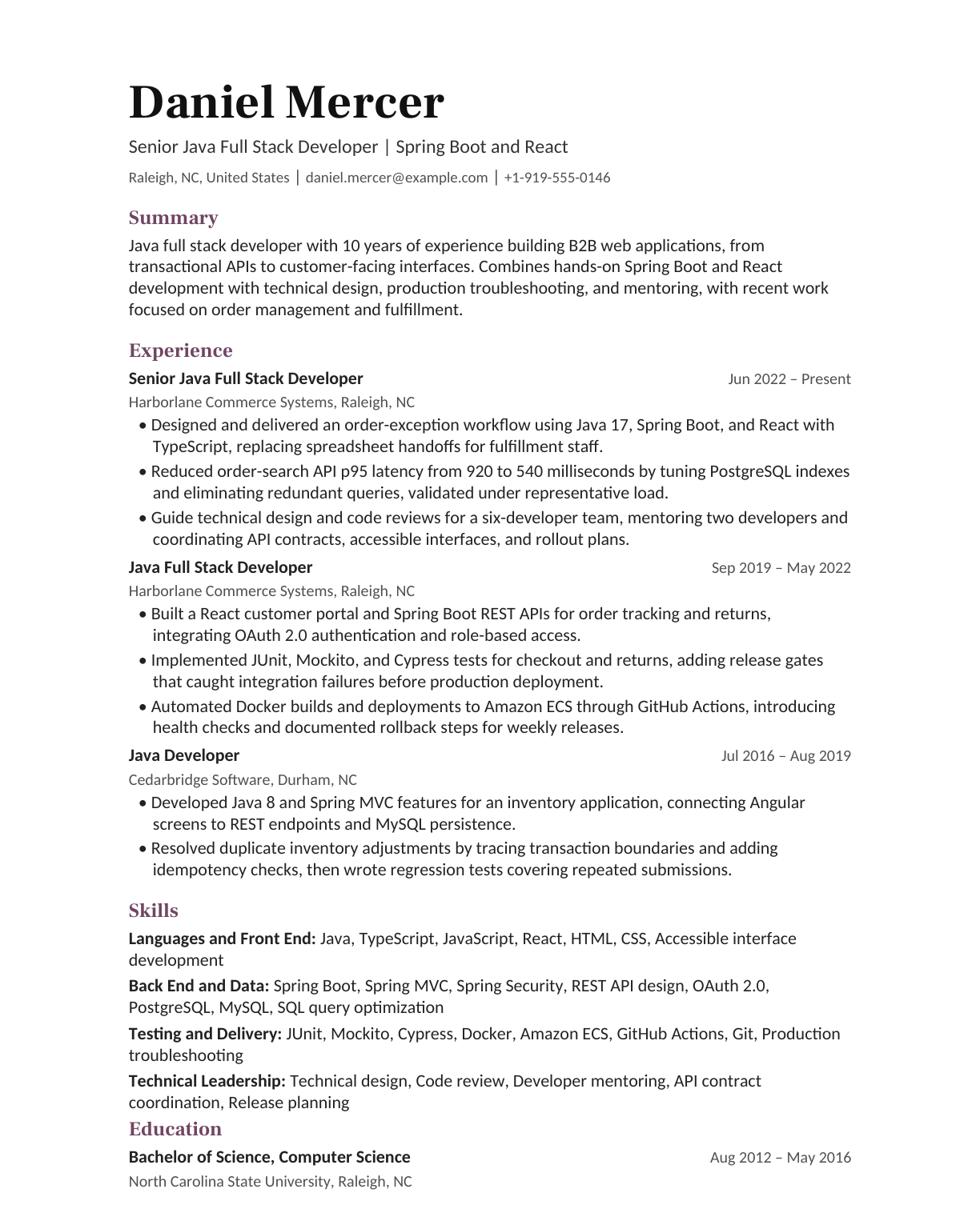 Senior Java Full Stack Developer resume example