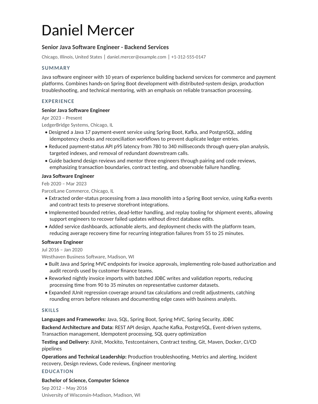 Senior Java Software Engineer resume example
