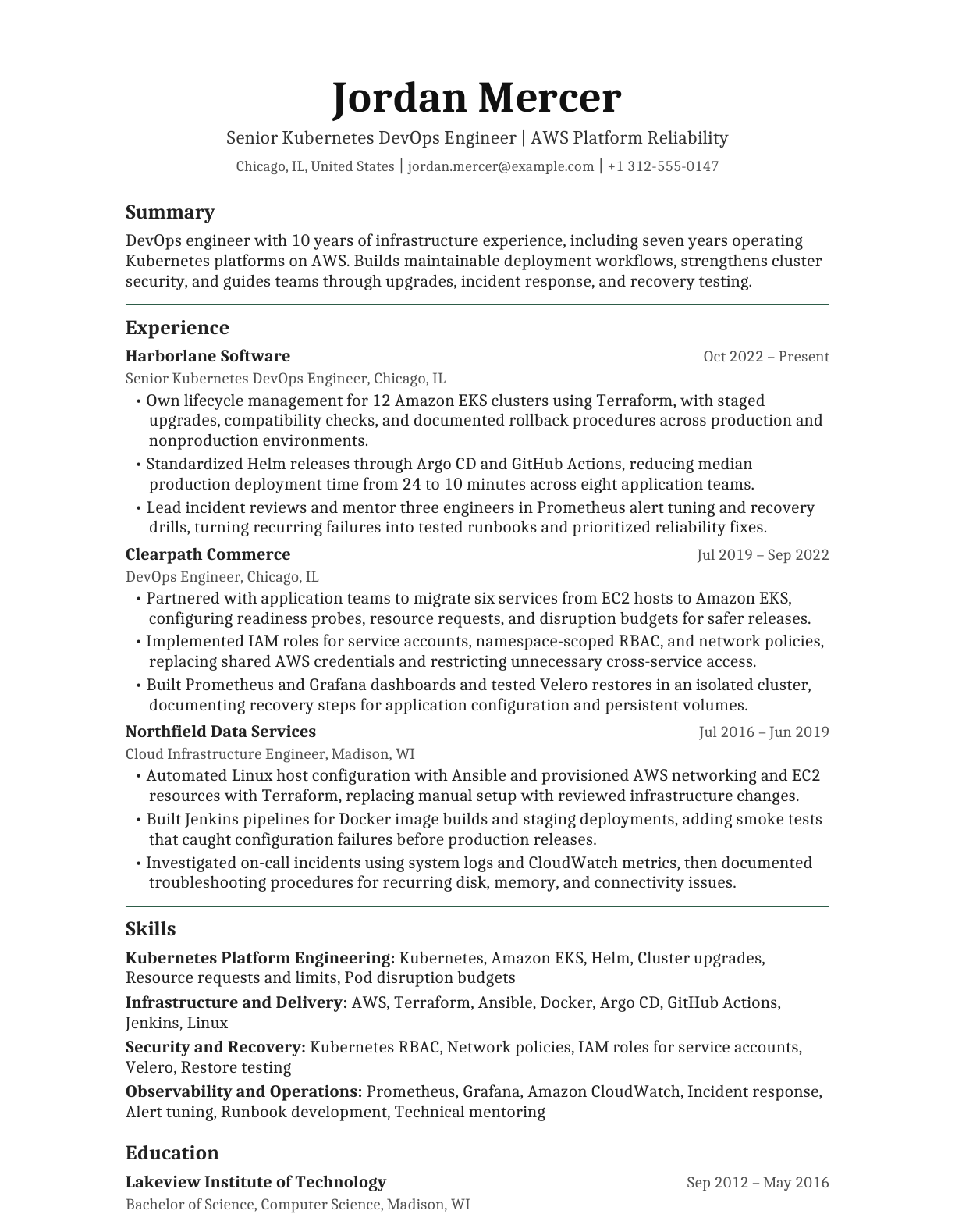 Senior Kubernetes DevOps Engineer resume example