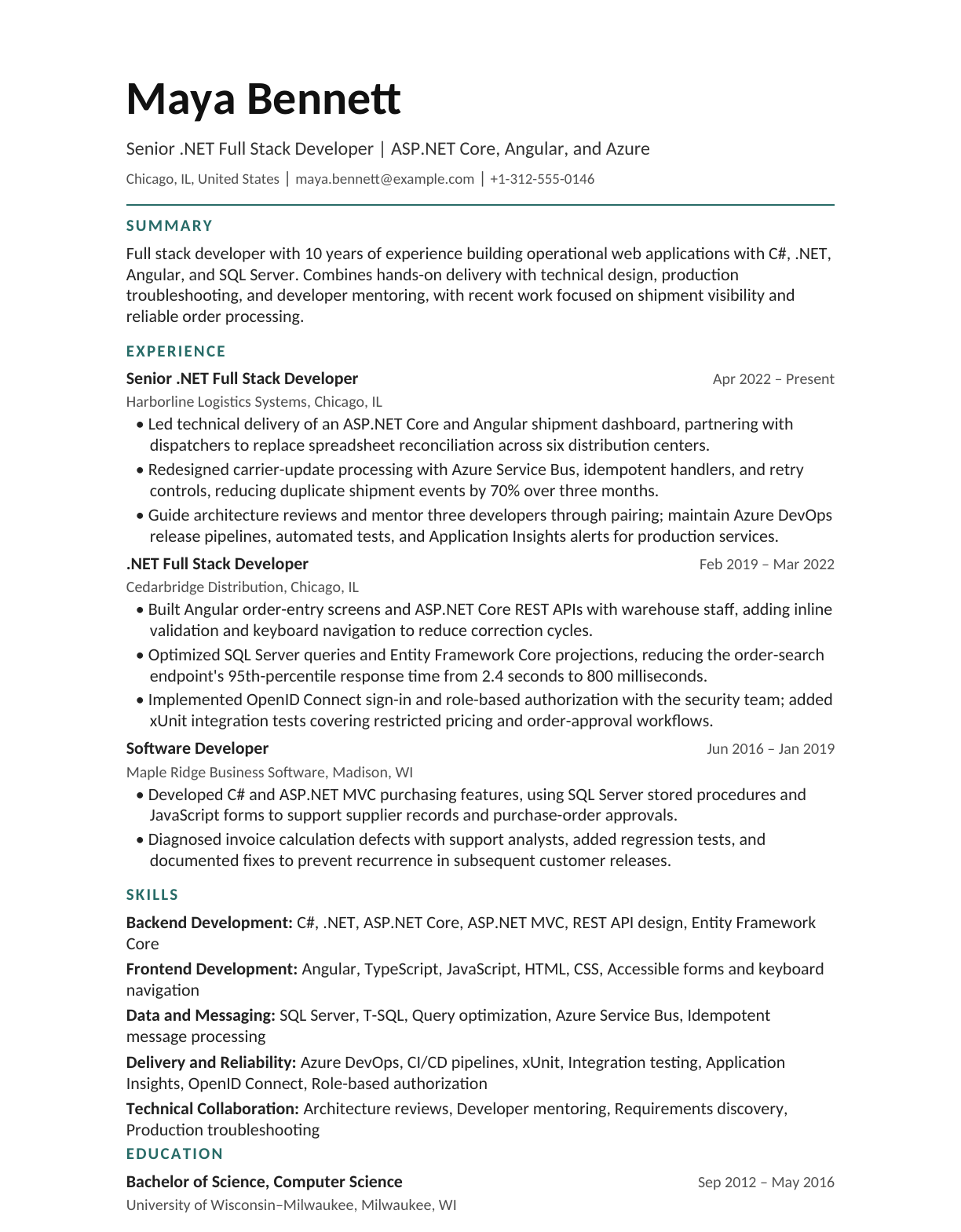 Senior .NET Full Stack Developer resume example