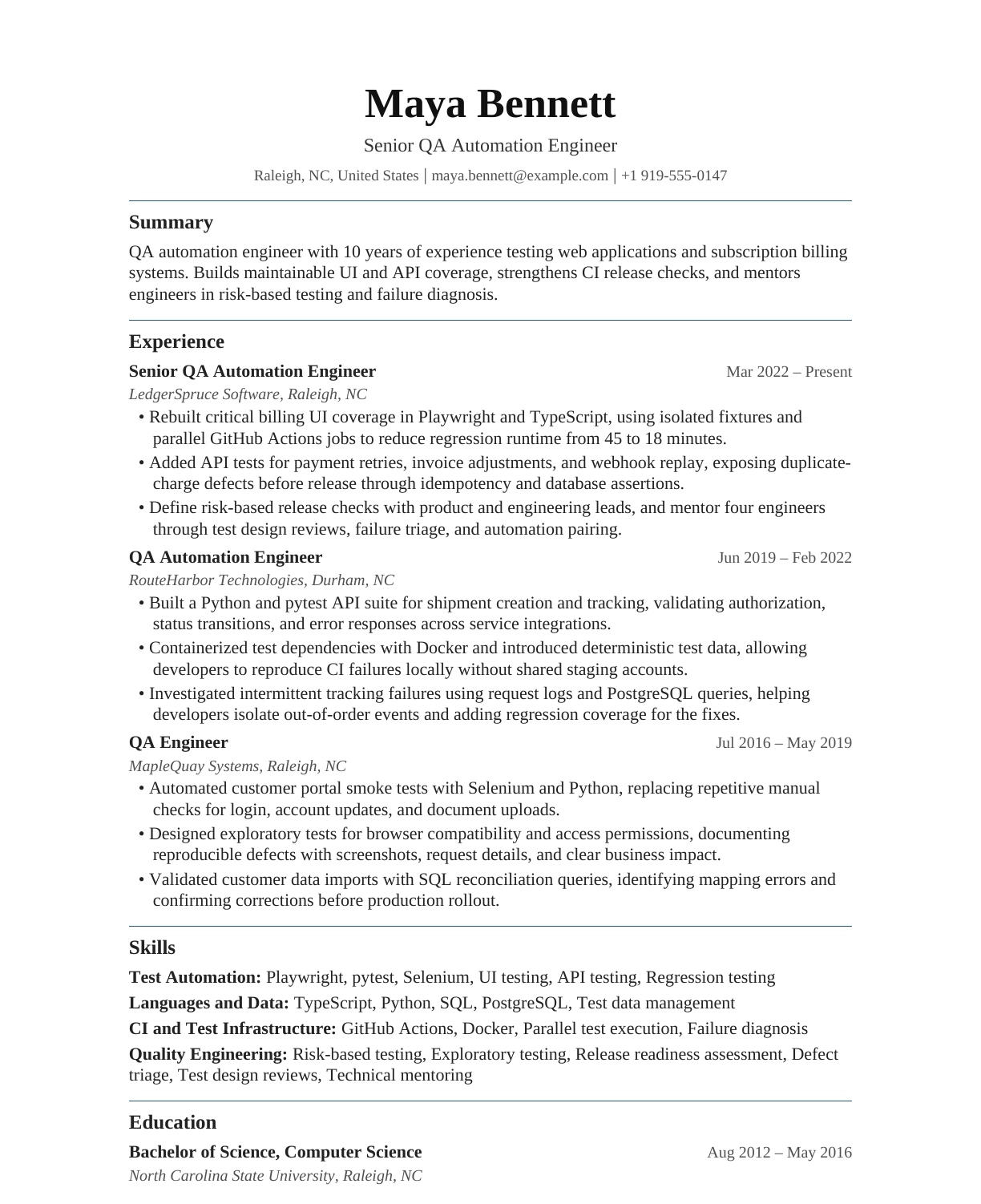 Senior QA Automation Engineer resume example