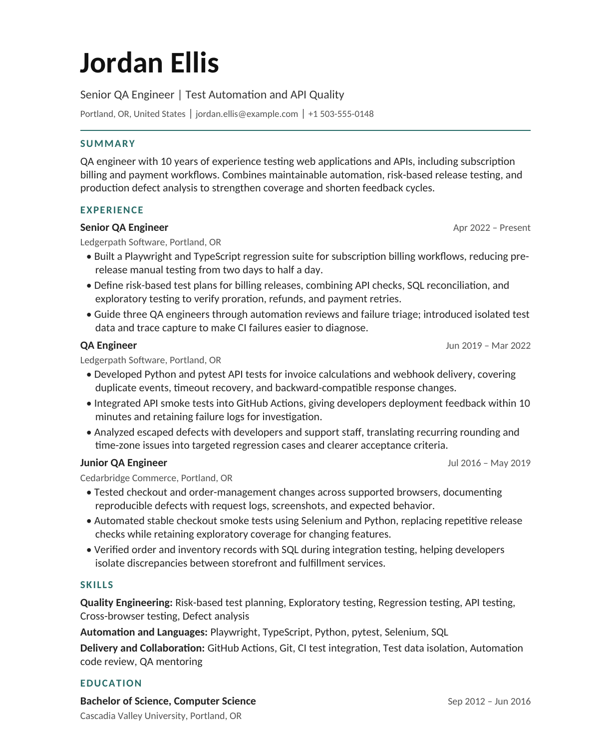 Senior QA Engineer resume example