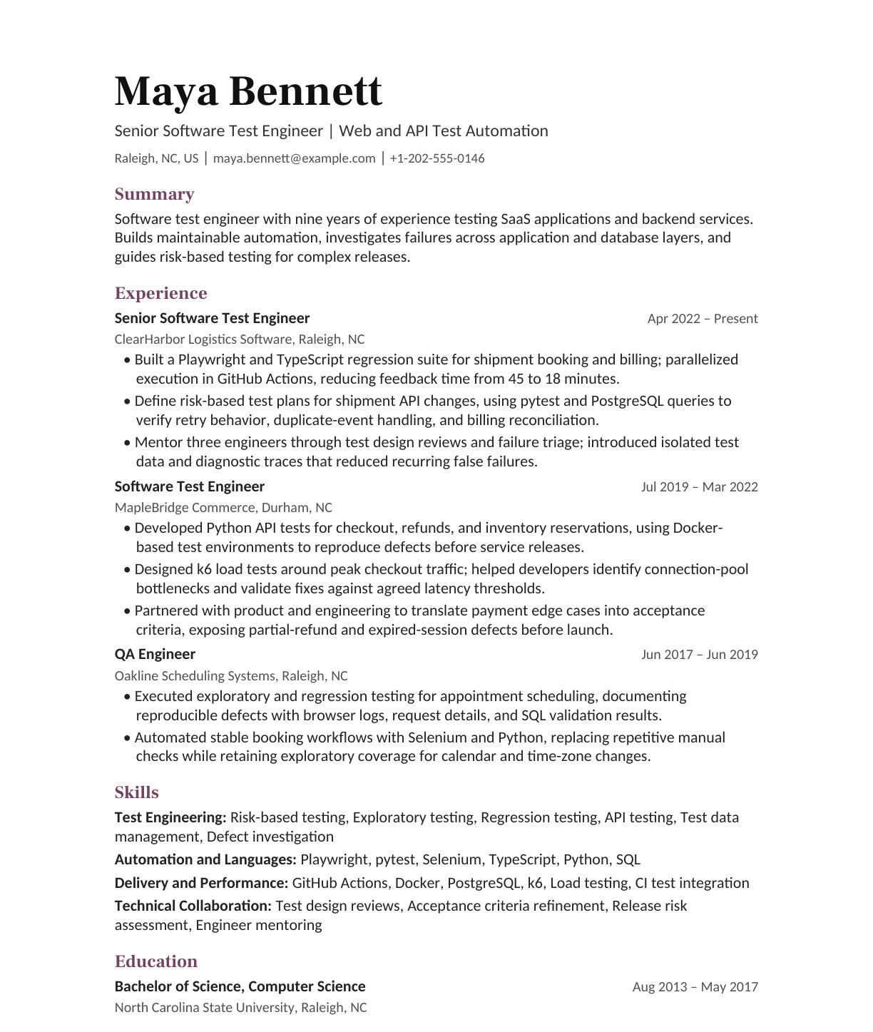 Senior Software Test Engineer resume example